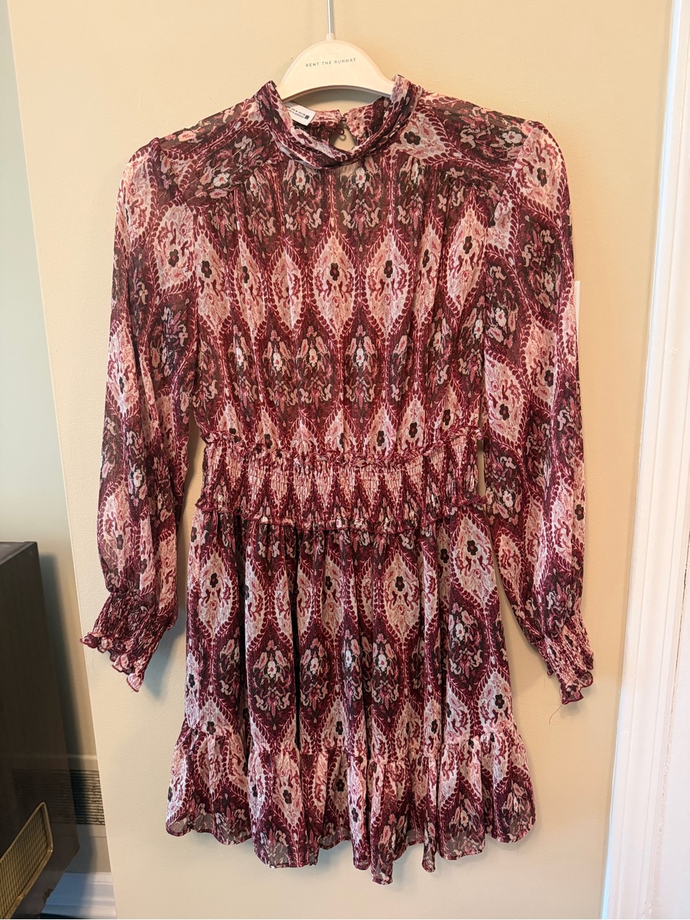 Zara Burgundy and Pink Paisley Print Long Sleeve Mini Dress